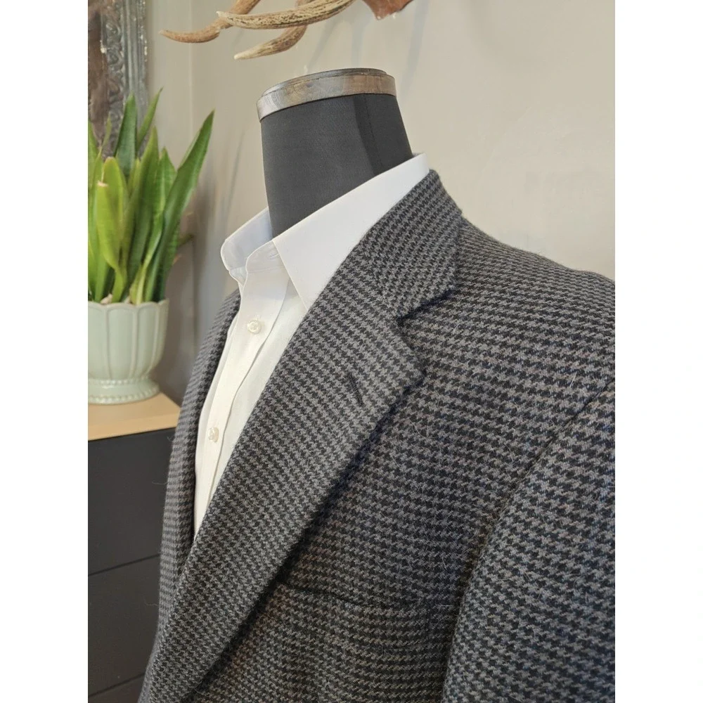 Palm Beach Mens 43L Wool Sport Coat Blue Gray Houndstooth Vintage USA Made J505